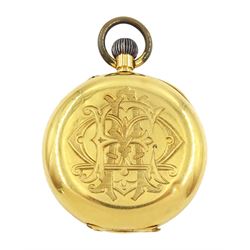 Early 20th century 18ct gold half hunter keyless lever fob watch, white enamel dial with Roman numerals, back case engraved with monogrammed initials, stamped 18K with Helvetia hallmarked