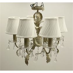 Metal white finish five branch chandelier, with leaf detailing and droplets H39cm, with five white pleated lampshades. 