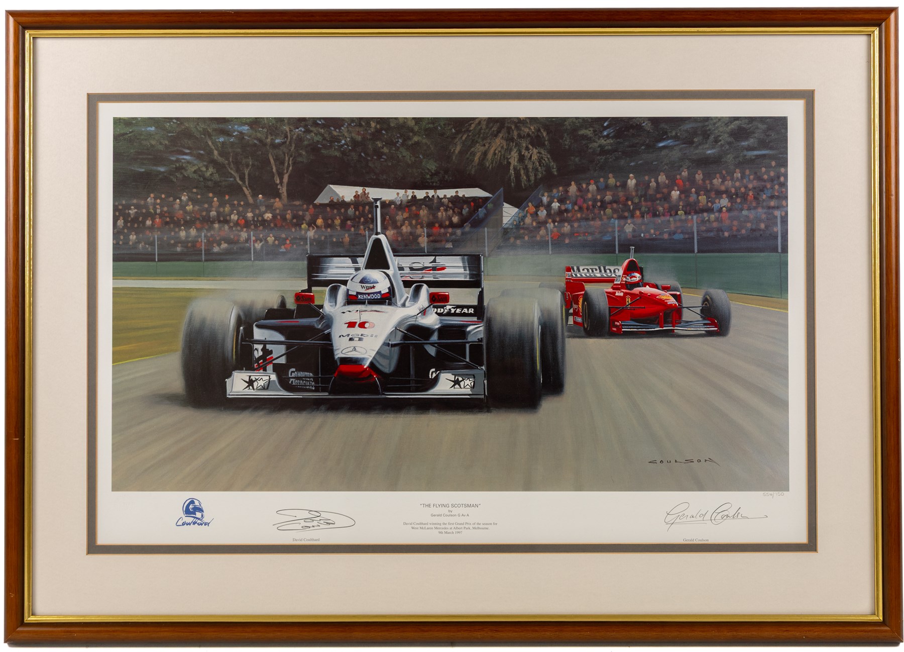 After Gerald Davison Coulson (British 1926-2012): ‘The Flying Scotsman’ and ‘Damon’s First – Hungary 1993’, together with Alan Fearnley (Yorkshire 1942-): ‘Alan Jones’ and Tony Smith (British 20th Century): ‘Damon’s Dream’, set of four limited edition Formula 1 themed prints signed and two signed by drivers David Coulthard and Alan Jones in pencil max 40cm x 61cm (4)