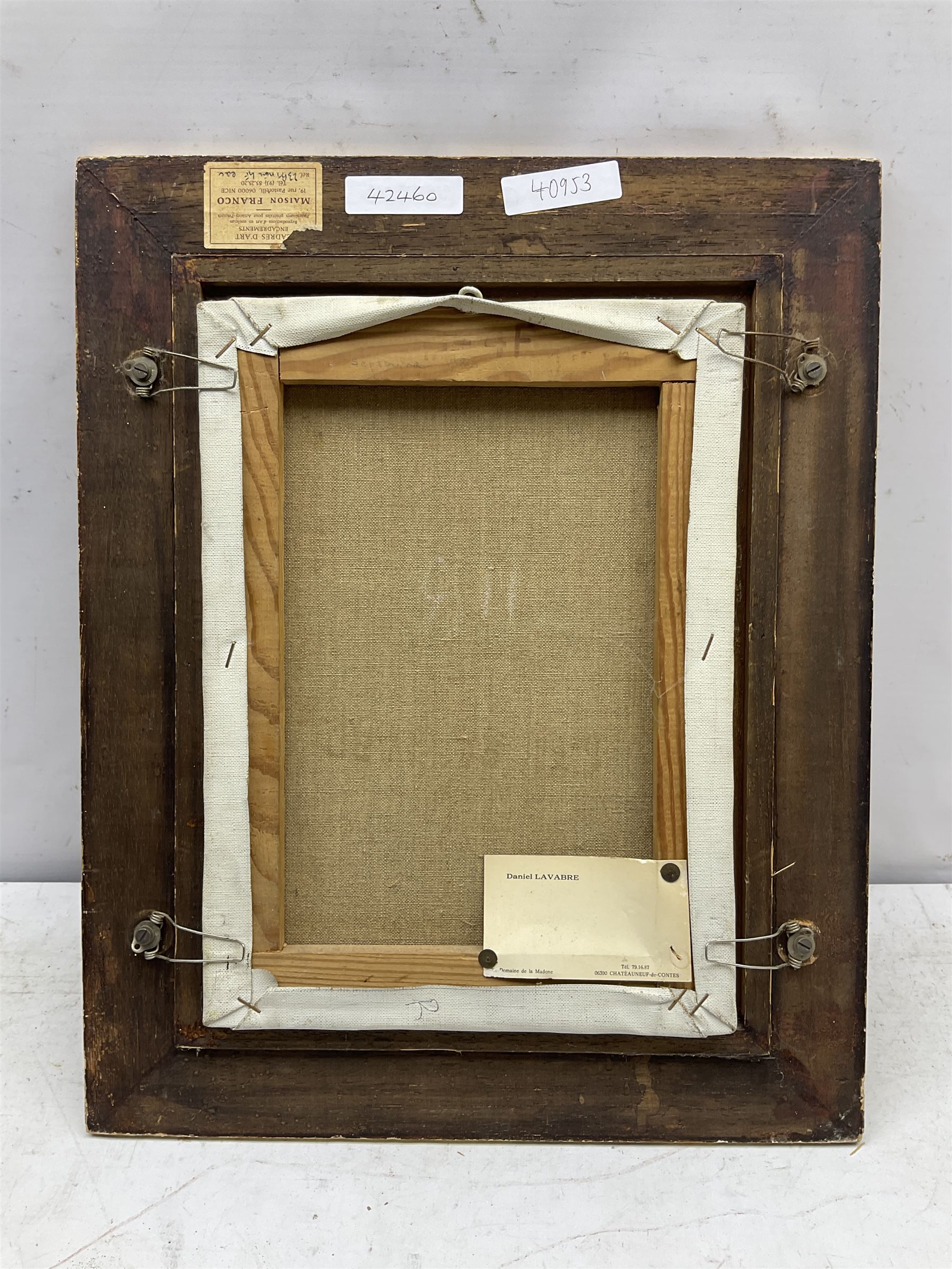 Daniel Lavabre (French 20th century): Still Life of Fruit ad Wine on Shelf, oil on canvas signed 32cm x 23cm 