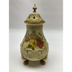 Royal Worcester blush ivory vase and cover, the vase of baluster form on gilt claw feet, shape No.1019, with printed beneath, Together with Limoges dish, vase H16cm