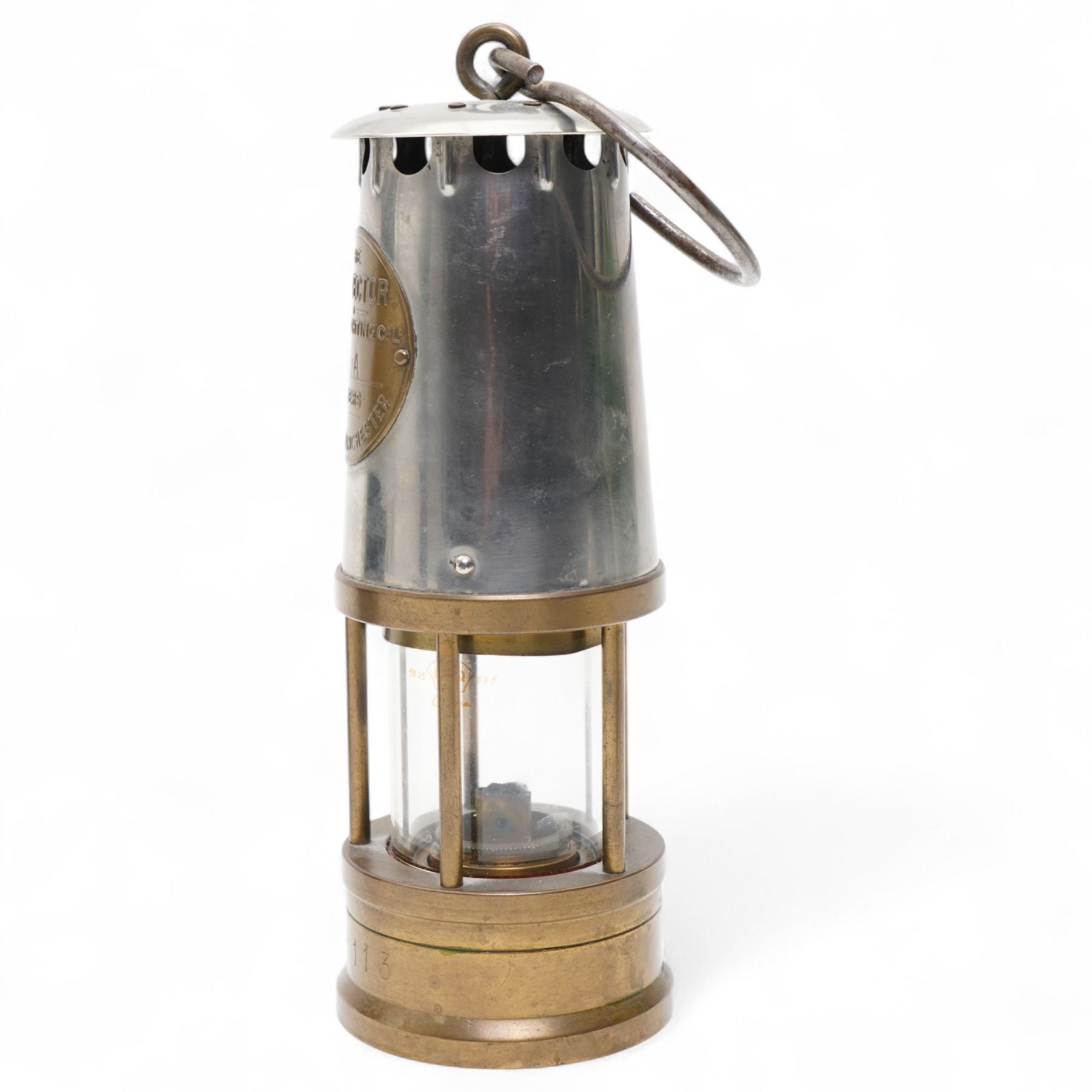 Railwayana - Early 20th century Sherwood Limited fog man's hand lamp with blue red and amber glasses, H31cm; together with an Eccles 'The Protector Lamp & Lighting Co' miners lamp, impressed D113 (2)