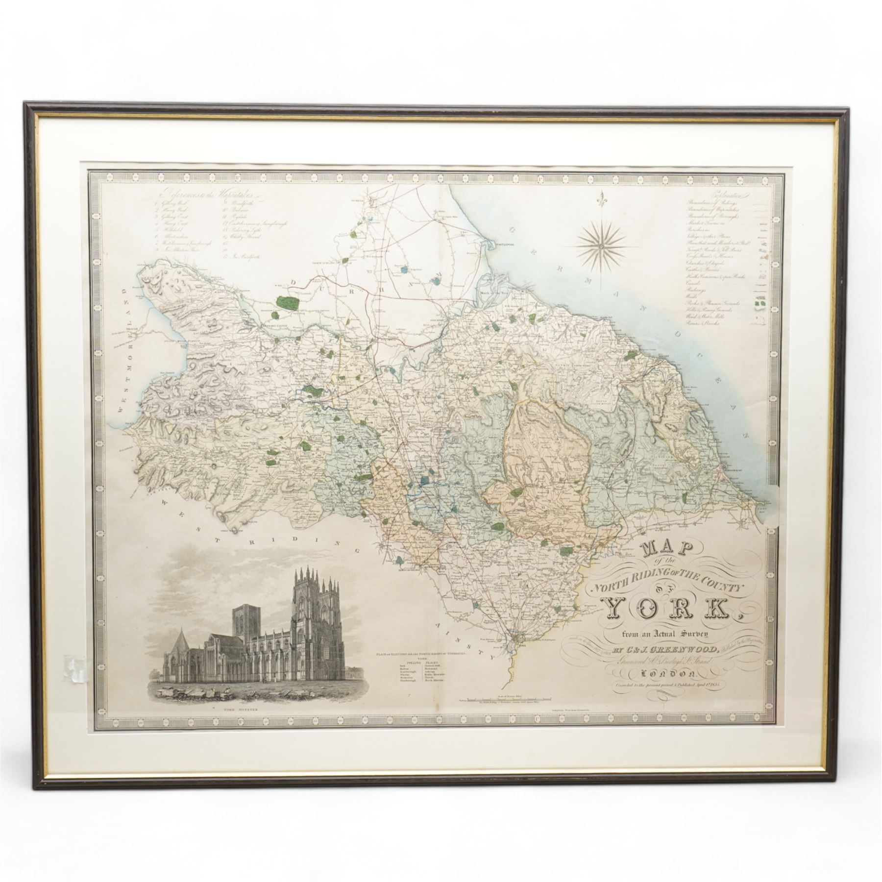 Christopher Greenwood (British 1786-1855) and John Greenwood (British 1791-1867): 'Map of the North Riding of the County of York', 19th century engraved map with hand-colouring pub. 1834, 61cm x 76cm