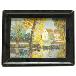 French School (Early-mid-20th century): Lakeside Manor with Figures, oil on panel unsigned 23cm x 32cm