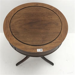  Chinese rosewood circular drum table, two drawers, turned column on sabre supports, D54cm, H63cm  