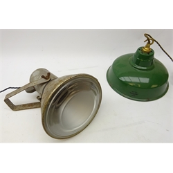  Industrial cast metal light fitting by R.E.A.L, H34cm and Benjamin style green enamel light fitting (both re-wired)   