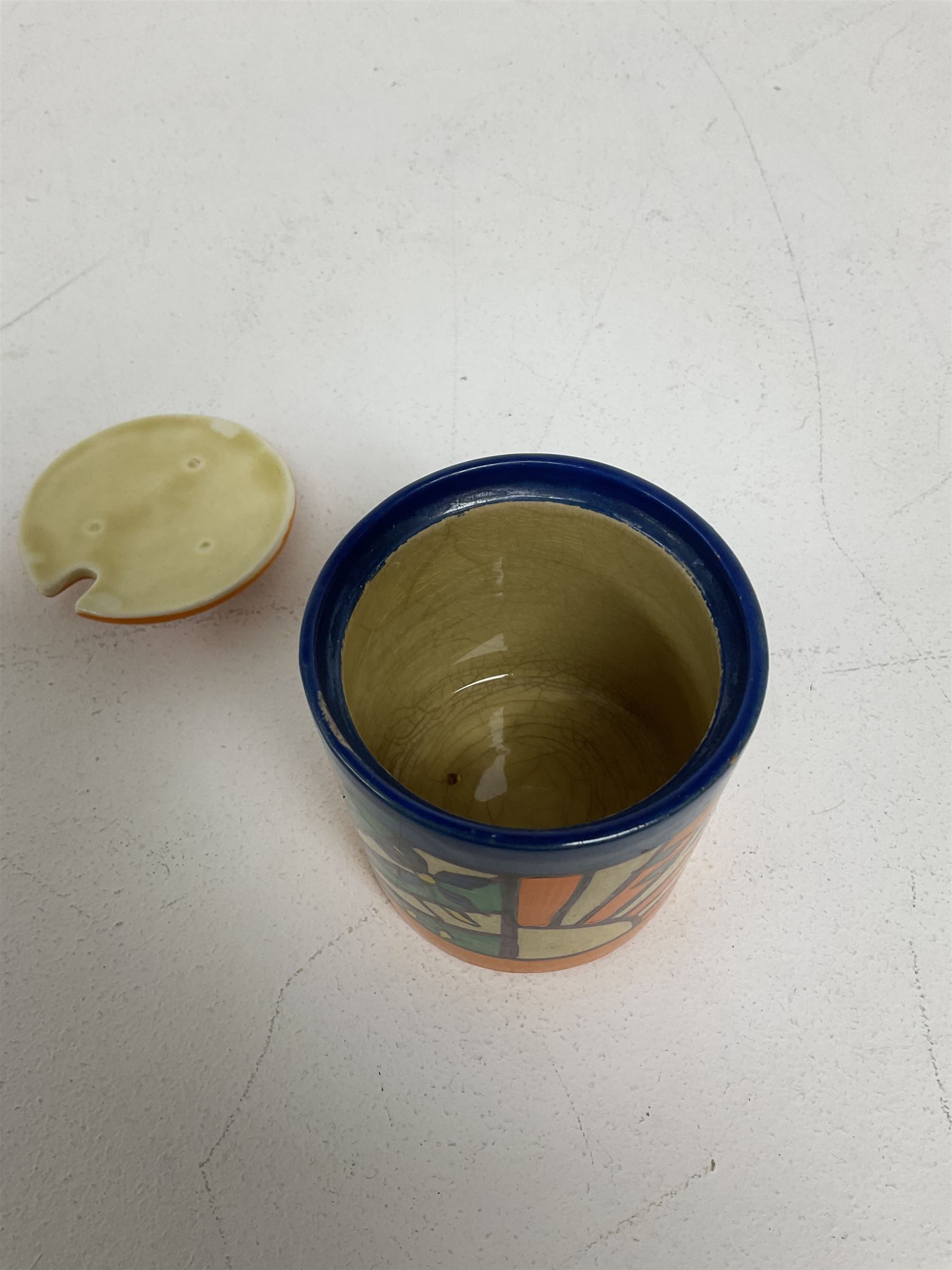 Clarice Cliff Fantasque for Wilkinson Pottery preserve pot, circa 1928, of drum form decorated in Sunray Leaves pattern, H8cm