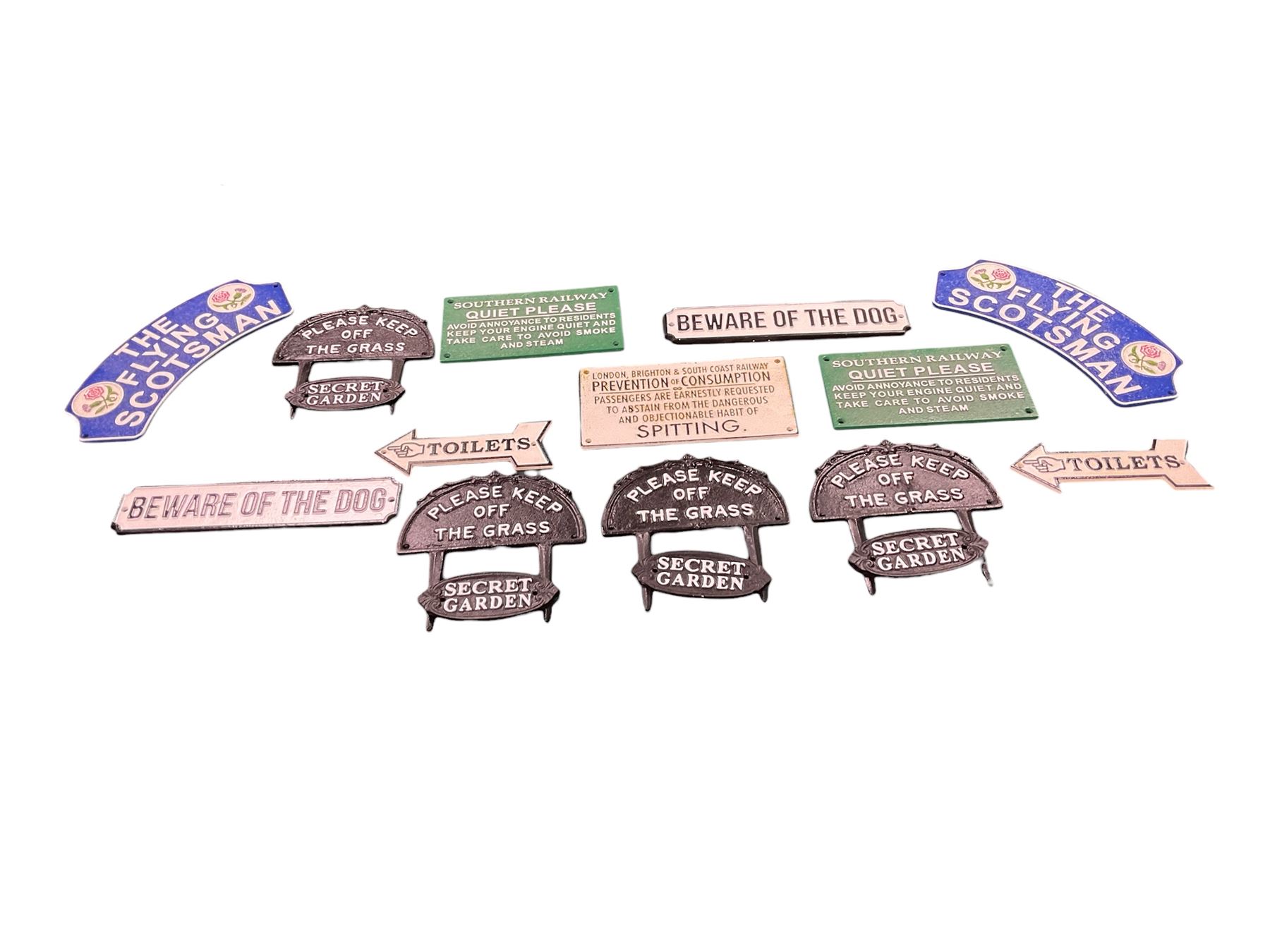 Collection of cast iron signs, including The Flying Scotsman, Quite please, Beware of the dog etc 