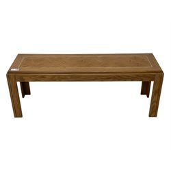 Late 20th century oak coffee table, rectangular top with parquetry inlay, raised on square tapered legs