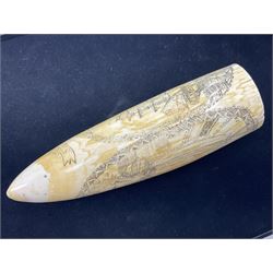 19th century scrimshaw sperm whale tooth from the whaler 'Dove' initialled J.A, Notes, Dove was a Union whaling boat, built at Newbury. Tt was scuttled as part of the Second Stone Fleet on January 25th-26th, 1862, in an attempt to block Charleston Harbor. The captain of the Dove was Captain James Wells Green Port. There were five members of the crew had the initials J.A, any of which could have created the scrimshaw.