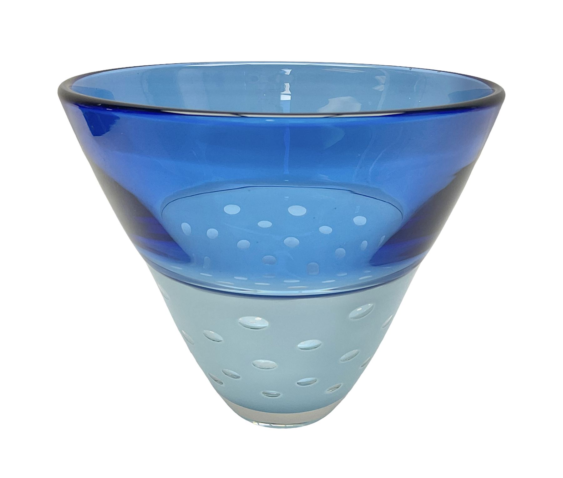 Stuart Akroyd Glass Vase, blue banded top and clear lower section with bubble inclusions, engraved signature and sticker beneath, H15cm
