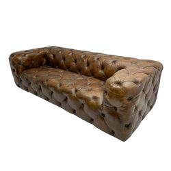 Three seat Chesterfield type club sofa, upholstered in deeply button Brazilian tan brown leather