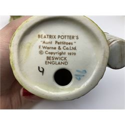 Fifteen Beswick Beatrix Potter figures, comprising Tommy Brock, The Old Woman who live in a Shoe, Samuel Whiskers, Foxy Whiskered Gentleman, Old Mr Brown, Mr Benjamin Bunny and Peter Rabbit, Tailor of Gloucester, Goody Tiptoes, Mr Benjamin Bunny, Diggory Diggory Delvet, Jemima Puddleduck, Aunt Pettitoes, Hunca Munca, Rebeccah Puddle-Duck, and Lady Mouse. 