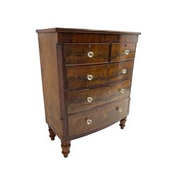 Victorian mahogany bow front chest, two short and three long drawers fitted with glass handles, on turned feet