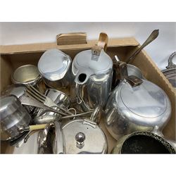 Collection of silver plate to include teapots, coffee pots, milk jug, sucrier, serving spoons, etc, together with pewter tankards 