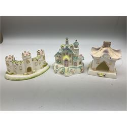 Twelve Coalport bone china pastille burner cottages, to include Fortune Towers, Summer Palace, The Vinery, Springtime Cottage, Dream Villa, Half Moon House, etc, all with original boxes and some with certificates 