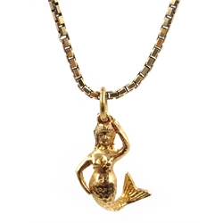 9ct gold mermaid charm Dublin 1963 and a 9ct gold box chain necklace