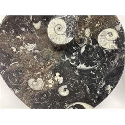 Pair of dishes in the form of hearts with a raised Goniatite to the centre and Orthoceras and Goniatite inclusions, age: Devonian period, location: Morocco, D16cm