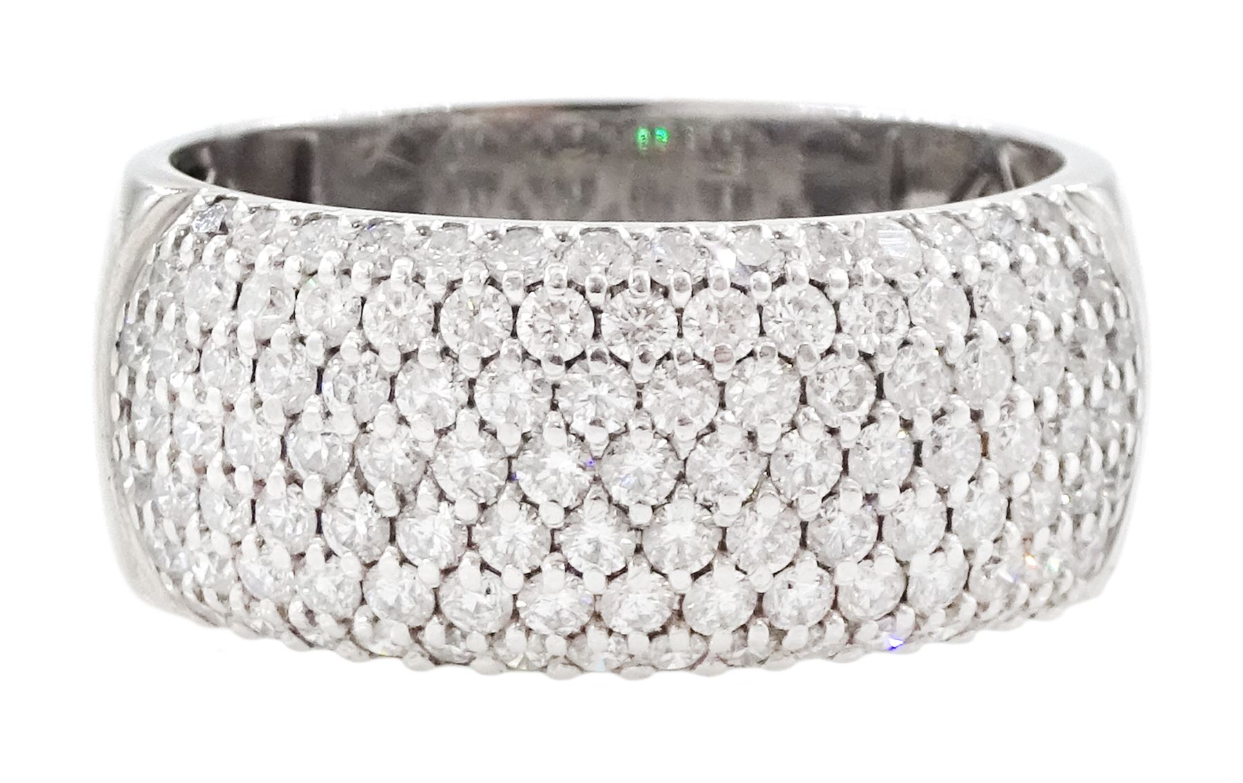 18ct white gold pave set round brilliant cut diamond dome ring, Sheffield 2011, total diamond weight approx 1.40 carat 