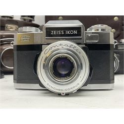 Four Zeiss Ikon camera bodies, to include, Contaflex Super B camera body, serial no. B31591, with 'Carl Zeiss Tessar 2.8/50 lens, serial no.3425553, Contaflex Super BC camera body, serial no. P81728, with 'Carl Zeiss Tessar 2.8/50' lens, serial no 4822280, etc, together with three cased lenses; 'Carl Zeiss Pro-Tessar 1:4 f=115mm' lens, serial no 3734740, 'Carl Zeiss Pr-Tessar 1:3.2 f=85mm' lens, serial no. 3647764 and 'Carl Zeiss Pr-Tessar 1:3.2 f=35mm' lens, and other Zeiss Ikon equipment 