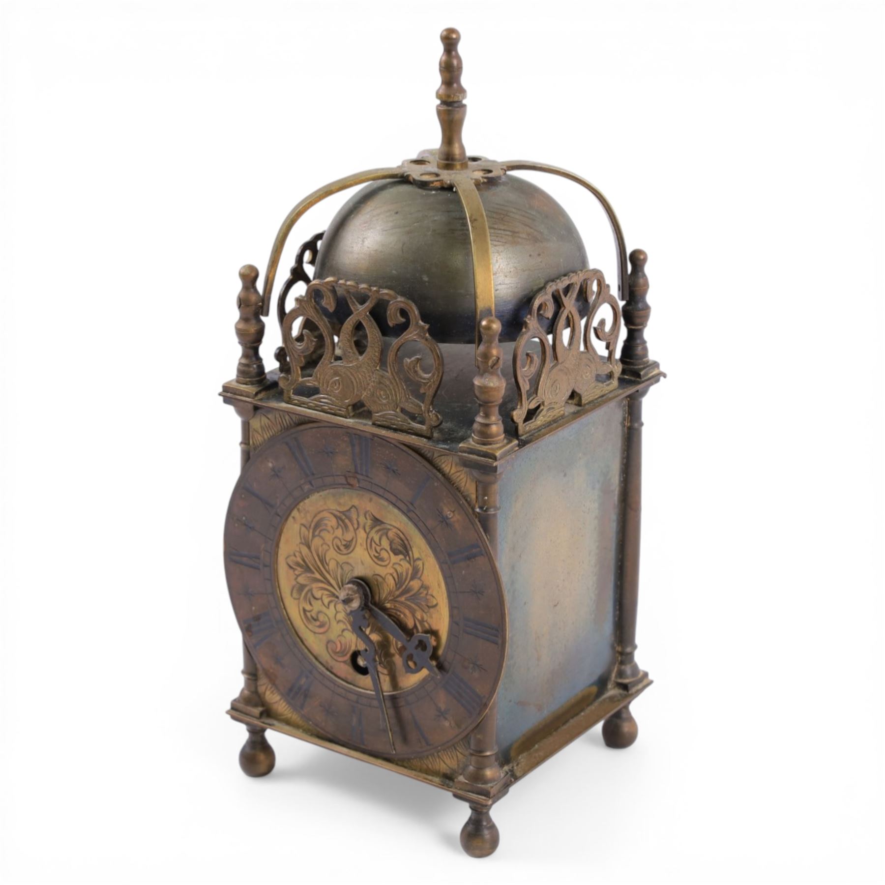 20th century brass lantern clock, the mechanism marked Empire, with key, H26cm