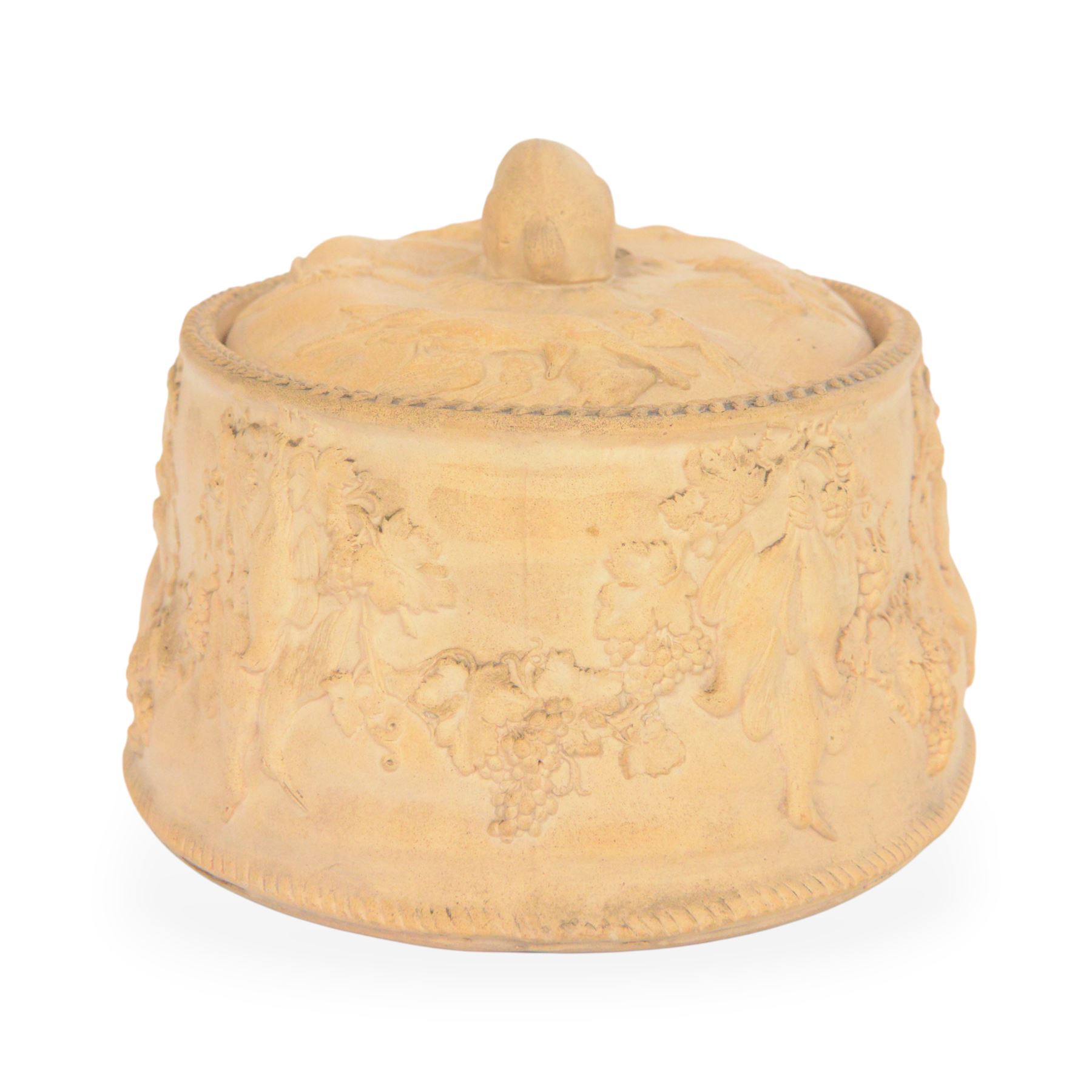 Wedgwood caneware game tureen, the cover with rabbit handle surrounded by country animals, repeating moulded leaf rim, the external sides decorated in light relief with dead game among vines, impressed marks to base, W26.5cm 