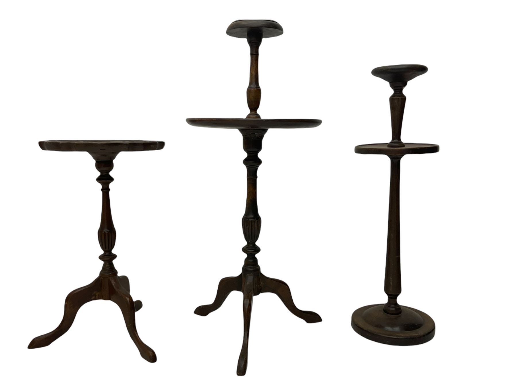 Edwardian mahogany plant stand, mahogany plant stand, two smokers stands, mahogany centre table, side table with drawer, hardwood folding chair, Edwardian mirror glazed corner cabinet and an occasional table (9)