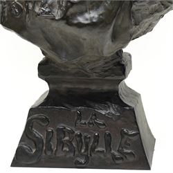Emmanuele Villanis (French 1858-1914): Large Art Nouveau bronze bust 'La Sibylle' circa 1900, titled on the integral socle base and signed 'E.Villanis' in cast with 'Societe Des Bronzes De Paris' inset foundry mark and 'J.P 2888', H72cm
Notes: La Sibylle evokes the prophetic priestesses of classical antiquity, recalling the Cumaean Sibyl consulted by Aeneas in Virgil’s Aeneid