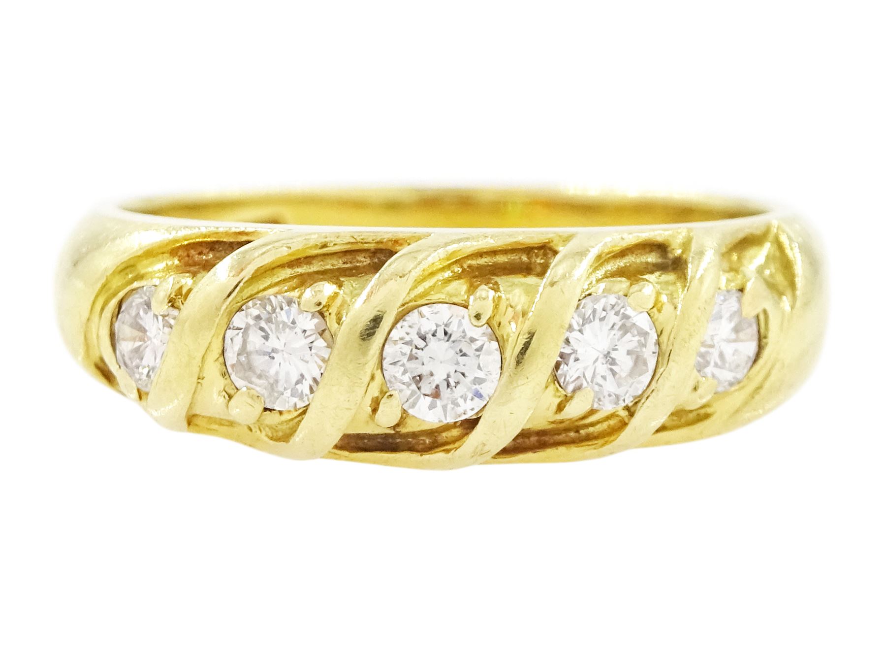 18ct diamond five stone ring, five round brilliant cut diamonds set within a twisted setting, stamped K18 Pt900, total diamond weight approx 0.35 carat