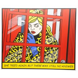 Judith Mellor (British Pop Art Contemporary): 'She Tried Again but there was still no reply', oil on canvas inscribed, signed and dated '06 verso 76cm x 92cm