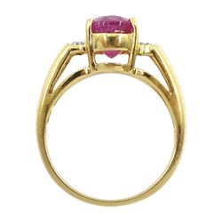 18ct gold oval ruby ring, with diamond set shoulders, hallmarked, ruby approx 2.90 carat