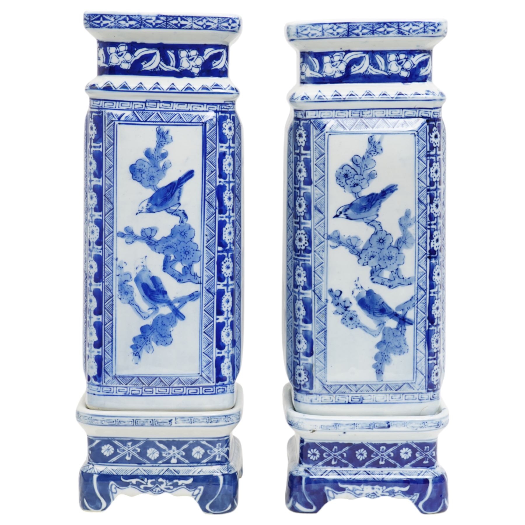 Pair of Chinese blue and white vases and stands, of rectangular form, decorated with panels of birds in nature, H43cm 