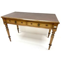 Late Victorian inlaid ash Aesthetics movement side table, inset leather top above two drawers, turned tapering support 