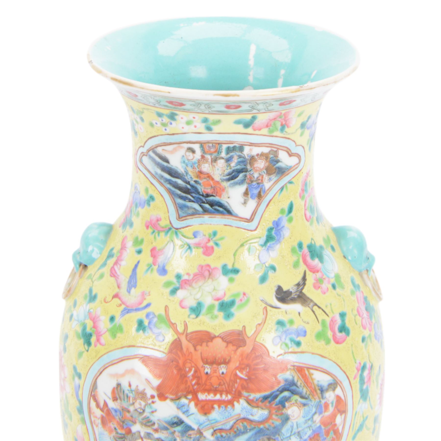 19th century Chinese famille rose yellow ground porcelain vase, of baluster form with twin applied mask ring handles, the body decorated with two shaped reserves mounted with dragon heads, depicting warriors at battle and at court, the neck with two smaller conforming figural reserves, upon a yellow ground decorated with exotic birds amidst scrolling blossom, H45.cm