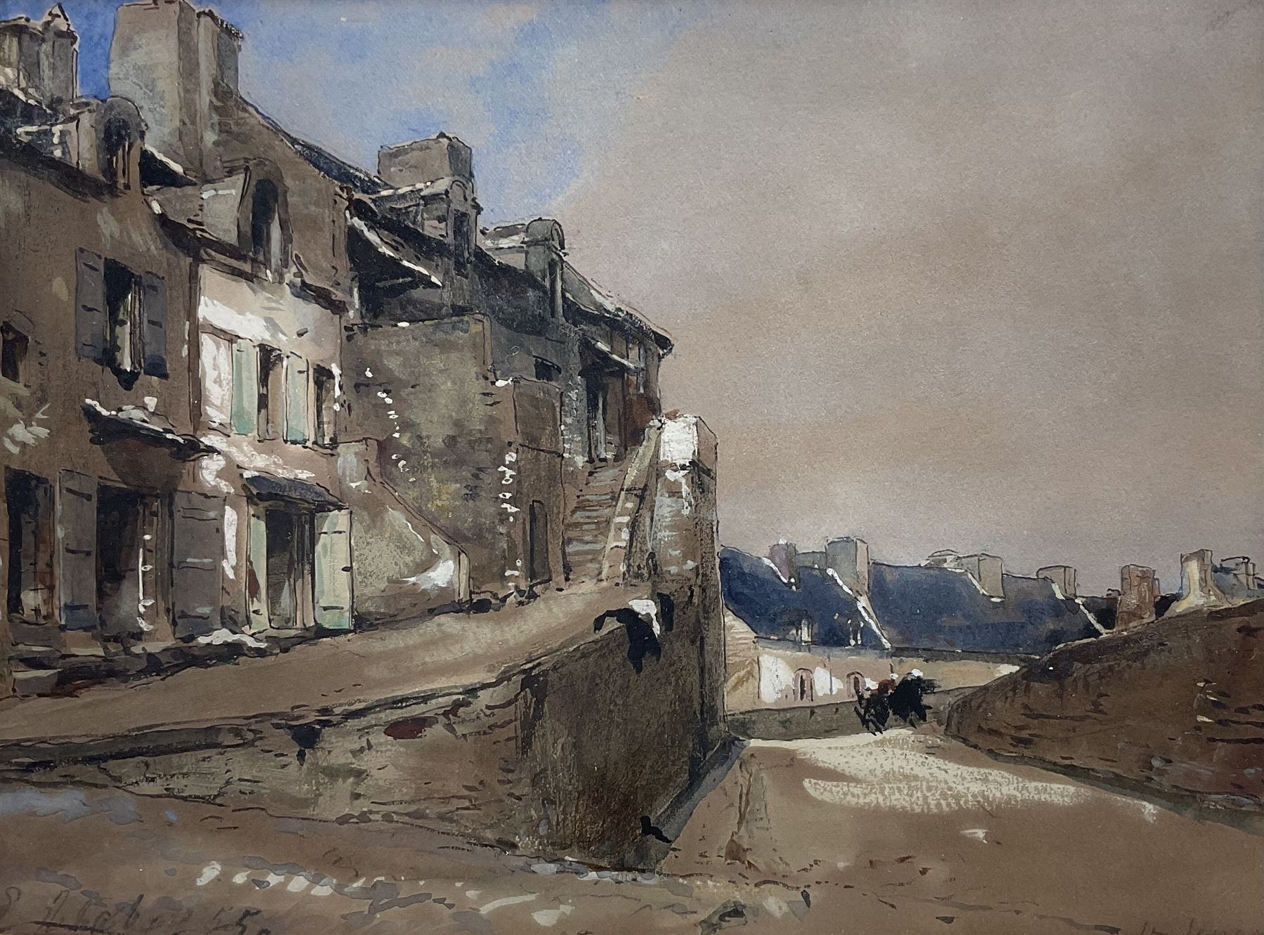 Eugène Isabey (French 1803-1886): Pathway at Dusk, watercolour and ink heightened with white signed indistinctly titled and dated '55, 19cm x 26cm 