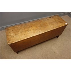  19th century oak plank coffer, solid end shaped supports, W110cm, H50cm, D34cm  