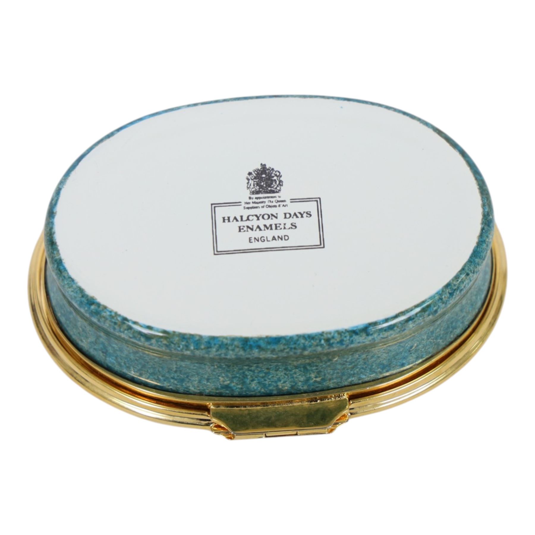 Halcyon Days bespoke commissioned enamel pill box, painted with the Humber Bridge, H3cm