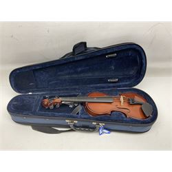 Four student violins - two Chinese three-quarter size with 33.5cm and 34cm two-piece backs; Stringers of Edinburgh quarter size with 28cm two-piece back; and Stentor quarter size with 28cm two-piece back; each in carrying case (4)