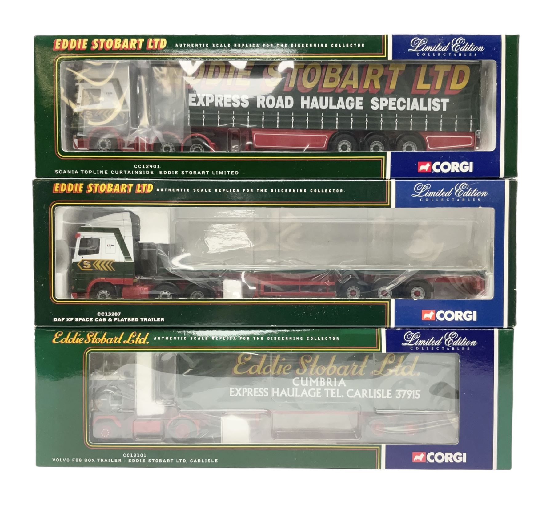 Corgi Eddie Stobart - three limited edition lorries; CC12901 Scania Topline Curtainside; CC13101 Volvo F88 Box Trailer; and CC13207 DAF XF Space Cab & Flatbed Trailer; all boxed (3)