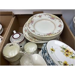 Collection of tea and dinner wares, to include Crown Clarence wares, two Maling cups and saucers, etc,  together with three Foley twin handled urns etc, in three boxes