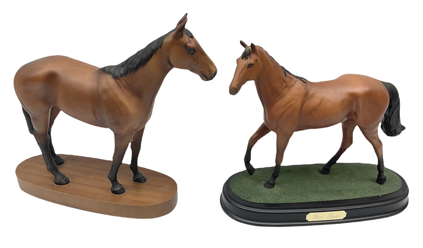 Beswick 'Mill Reef' horse figure, on a wooden plinth together with Beswick Ware horse figure 'Red Rum' on wood plinth, both with printed mark beneath