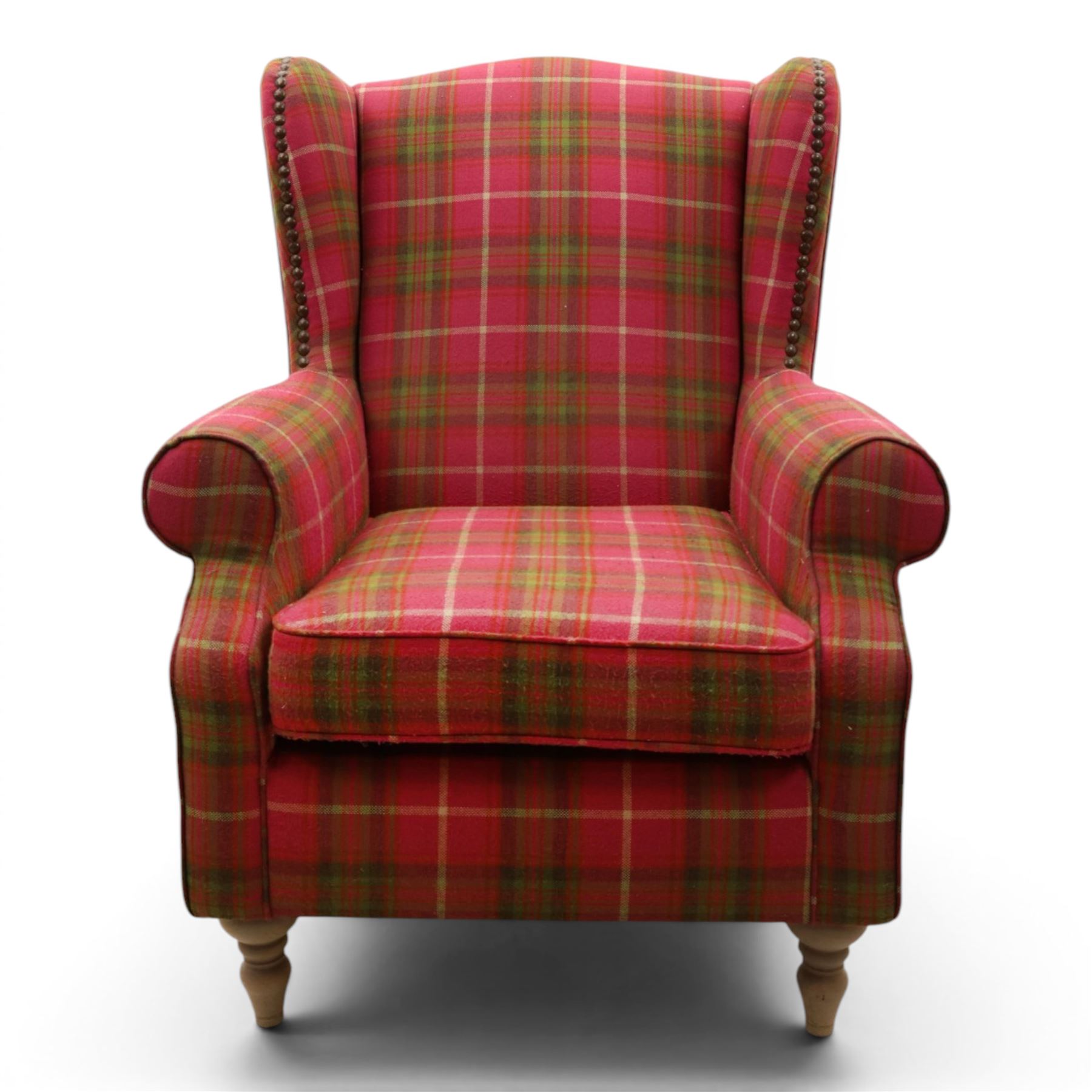 Next Home - Contemporary tartan wingback, studded wings above scrolled arms, light stained turned feet