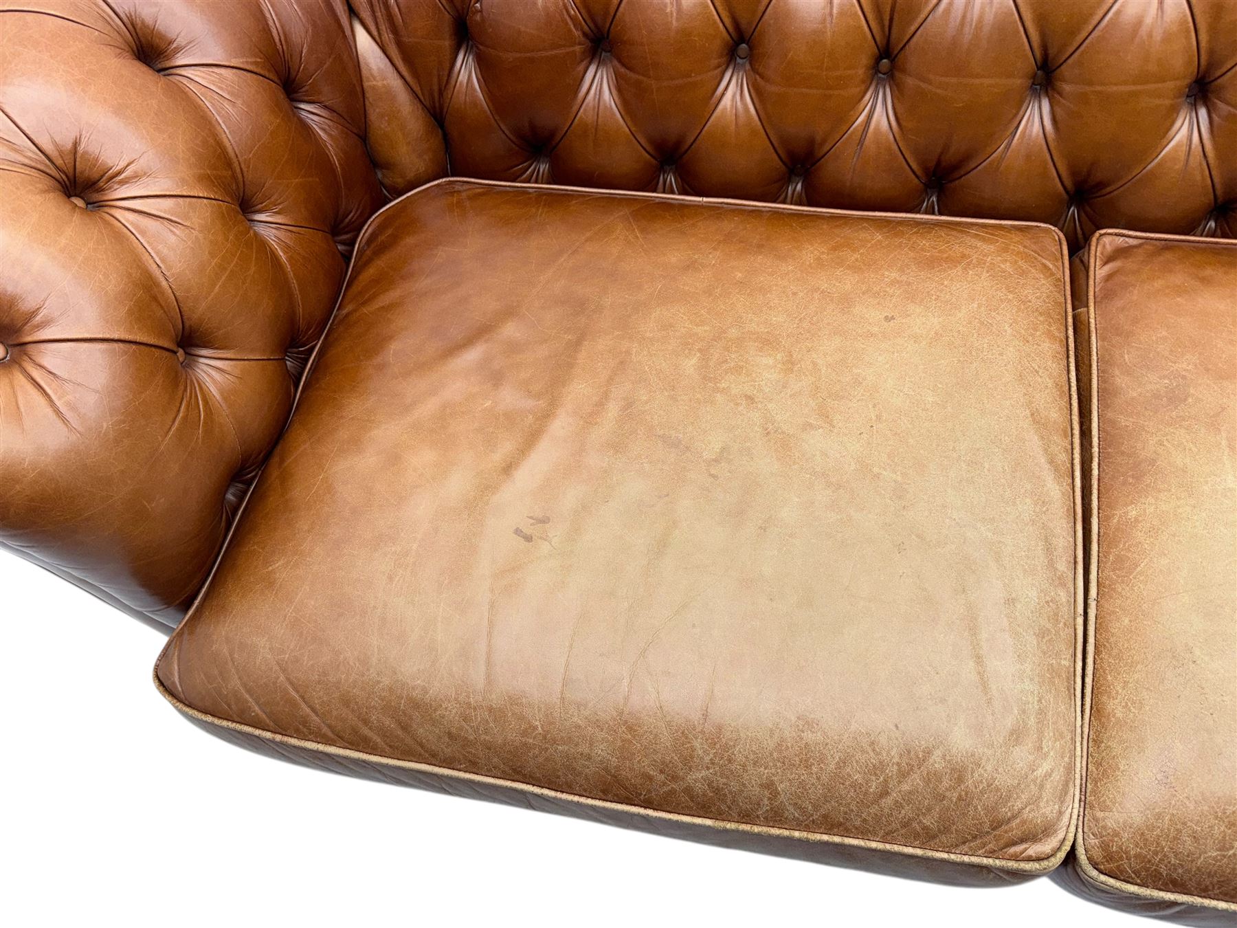 Springvale - large Chesterfield sofa, upholstered in buttoned tan leather, two cushion deep seat, turned bun feet