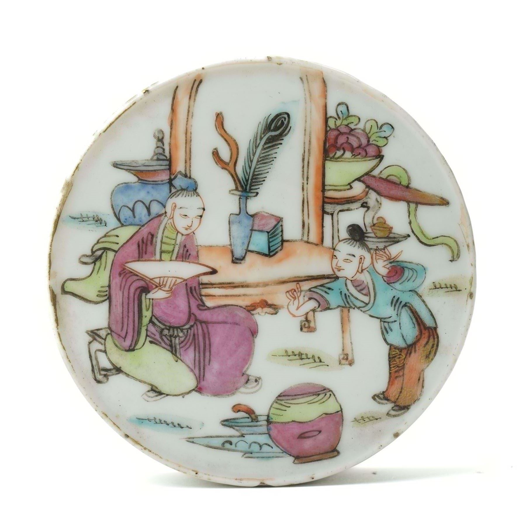 Chinese famille rose cylindrical lidded jar, hand-painted with figural decoration to cover and floral sprigs and insects to body, together with a similar Chinese porcelain lid, jar H4cm