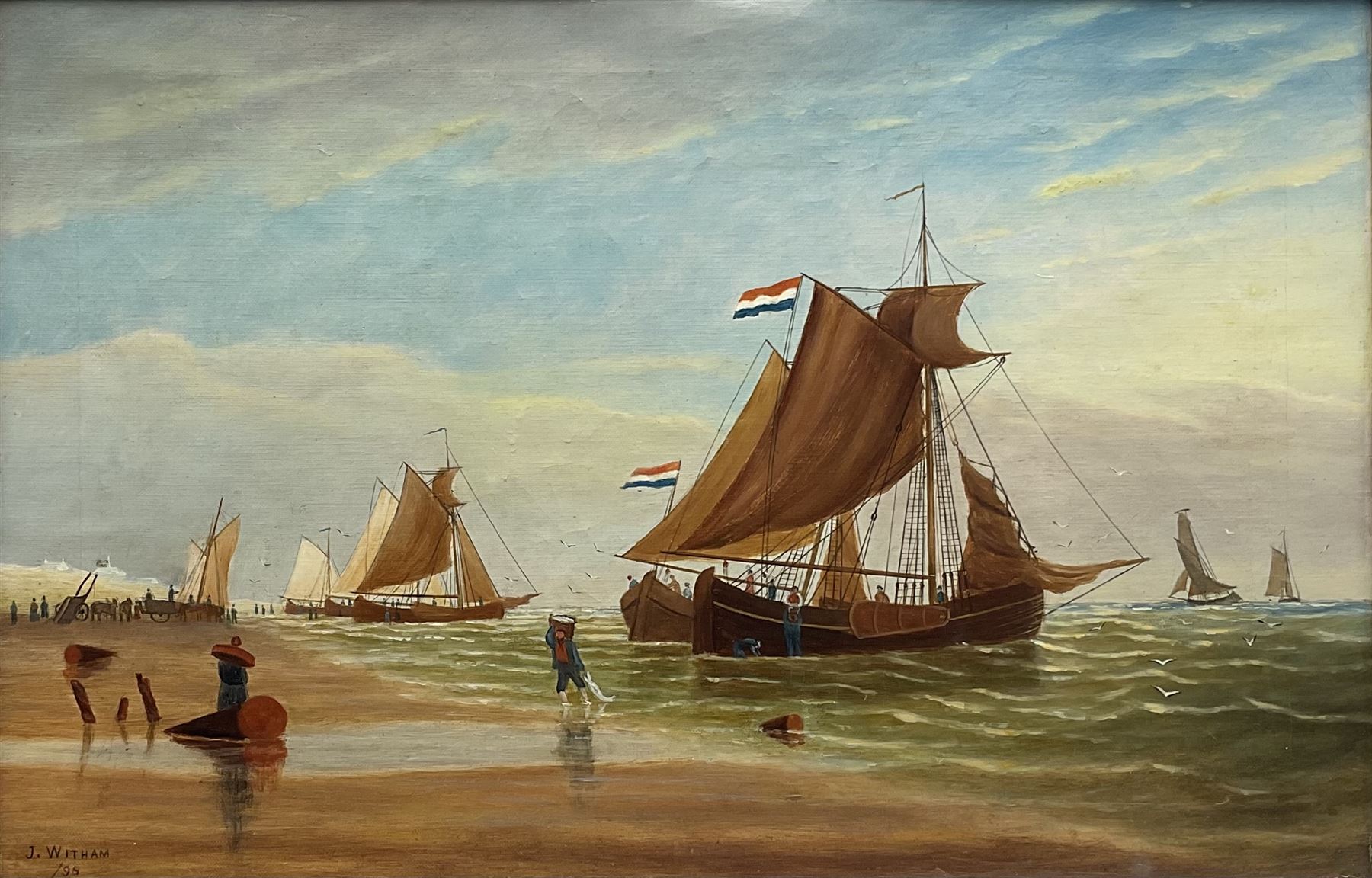 Joseph Witham (British 1832-1901): 'Landing Fish on the Coast of Holland - Scheveningen', oil on canvas signed and dated '98, titled inscribed and dated 1898 on the stretcher 40cm x 60cm