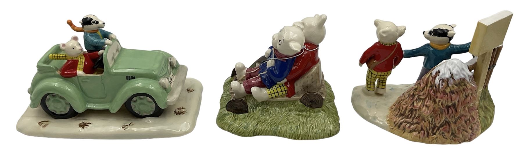 Two Royal Doulton Rupert Bear figure groups, comprising Rupert, Bill and the Mysterious Car RB11 and Temped to Trespass RB5, together with Rupert Bear and Algy Pud