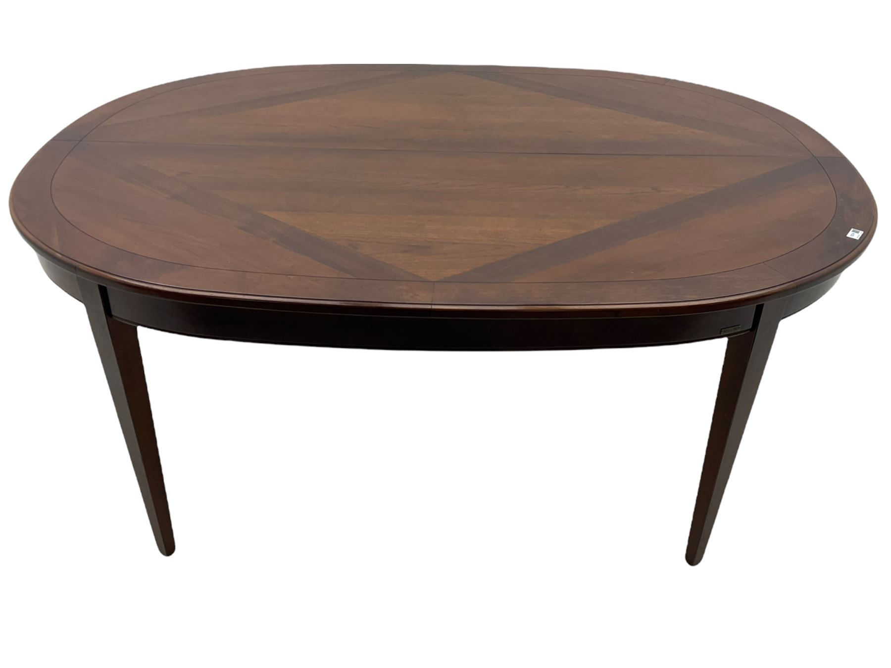 Grange Furniture - cherry wood finish oval extending dining table on square tapering supports, and a set of eight dining chairs with curved backs and upholstered seats 