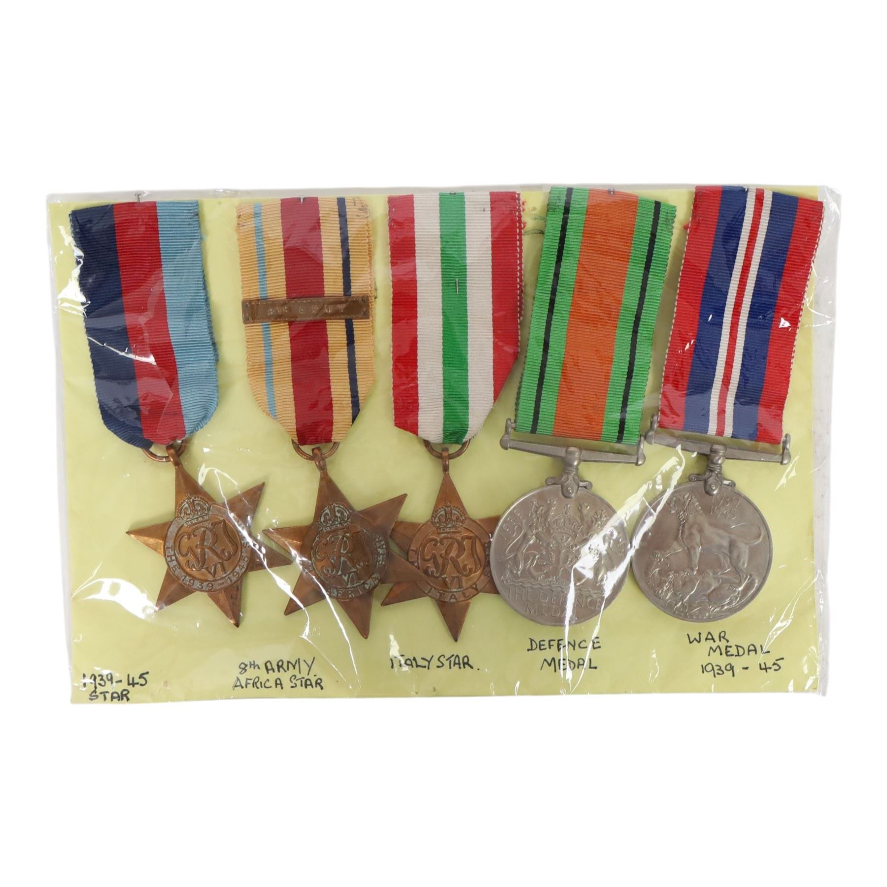 WWII five medal group, comprising 1939-45 Star, 8th Army African Star, Italy Star, Defence Medal and War Medal 