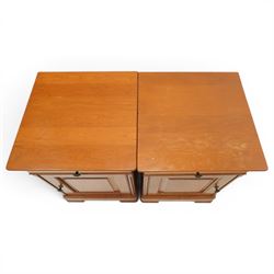 St Michael - pair of cherrywood bedside tables, single drawer above a fielded panel door, brass pulls, raised on a plinth base