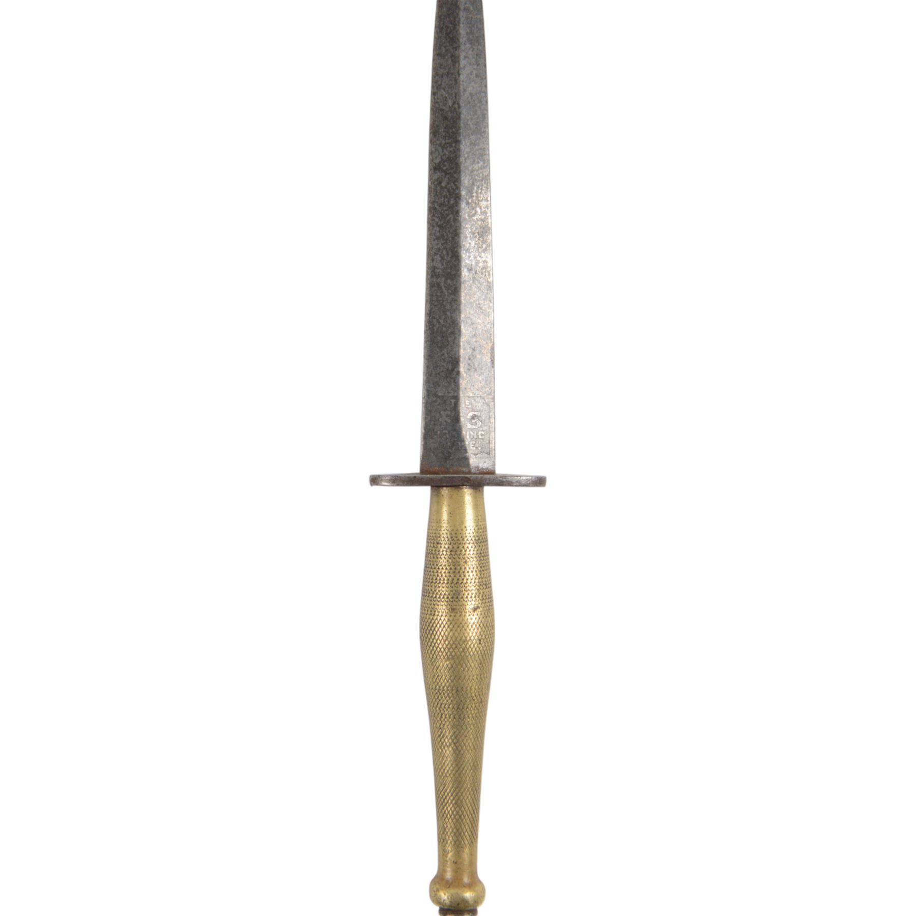 Fairbairn Sykes Fighting Knife, the 17cm double edged blade etched to the ricasso 'F-S Fighting Knife', brass checkered grip with steel ball pommel nut, overall L29cm